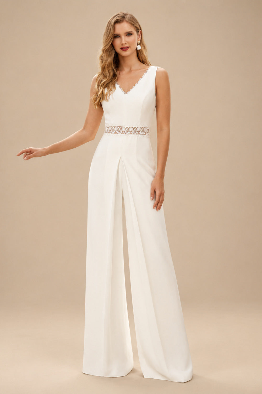 Rutipo Ivory Jumpsuit/Pantsuit V-Neck Sleeveless Elastic Satin Floor-Length Wedding Dresses With Lace Sash
