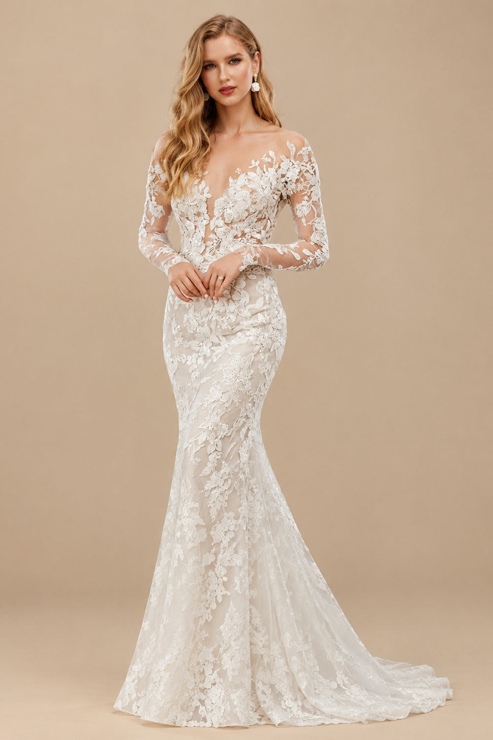Rutipo As Picture Luxury Trumpet Lace Applique Illusion Neck Long Sleeves Bare Back Wedding Dresses