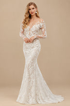 Rutipo As Picture Luxury Trumpet Lace Applique Illusion Neck Long Sleeves Bare Back Wedding Dresses