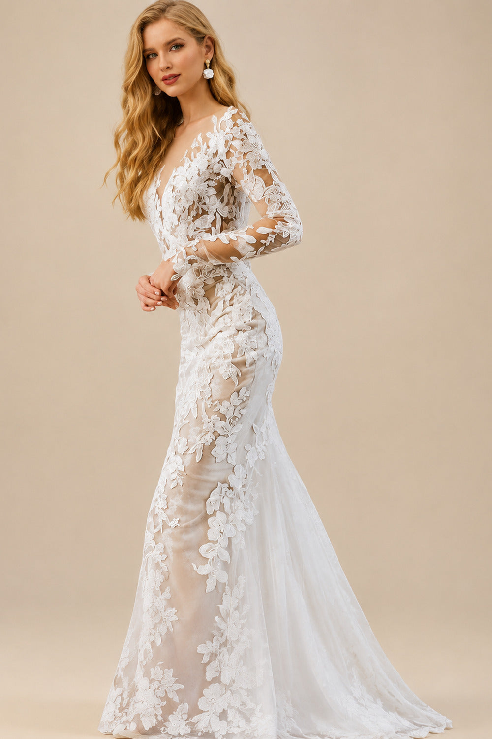 Rutipo As Picture Luxury Trumpet Lace Applique Illusion Neck Long Sleeves Bare Back Wedding Dresses