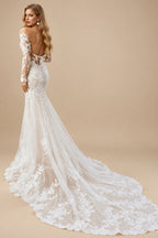 Rutipo As Picture Luxury Trumpet Lace Applique Illusion Neck Long Sleeves Bare Back Wedding Dresses