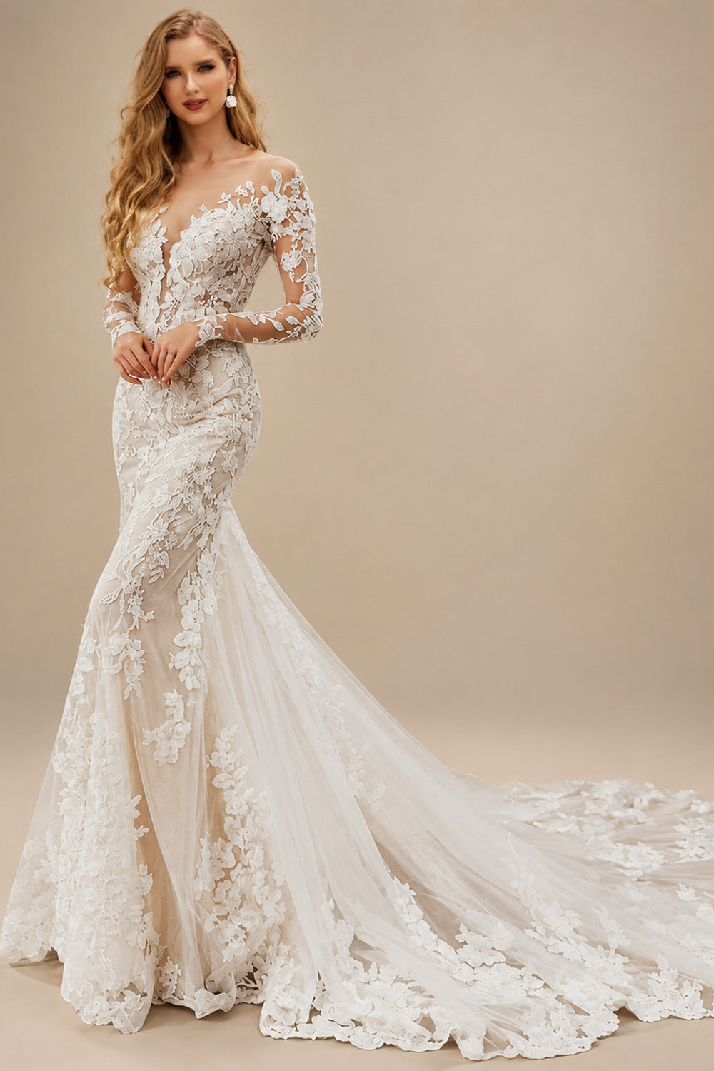 Rutipo As Picture Luxury Trumpet Lace Applique Illusion Neck Long Sleeves Bare Back Wedding Dresses
