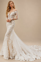 Rutipo As Picture Luxury Trumpet Lace Applique Illusion Neck Long Sleeves Bare Back Wedding Dresses