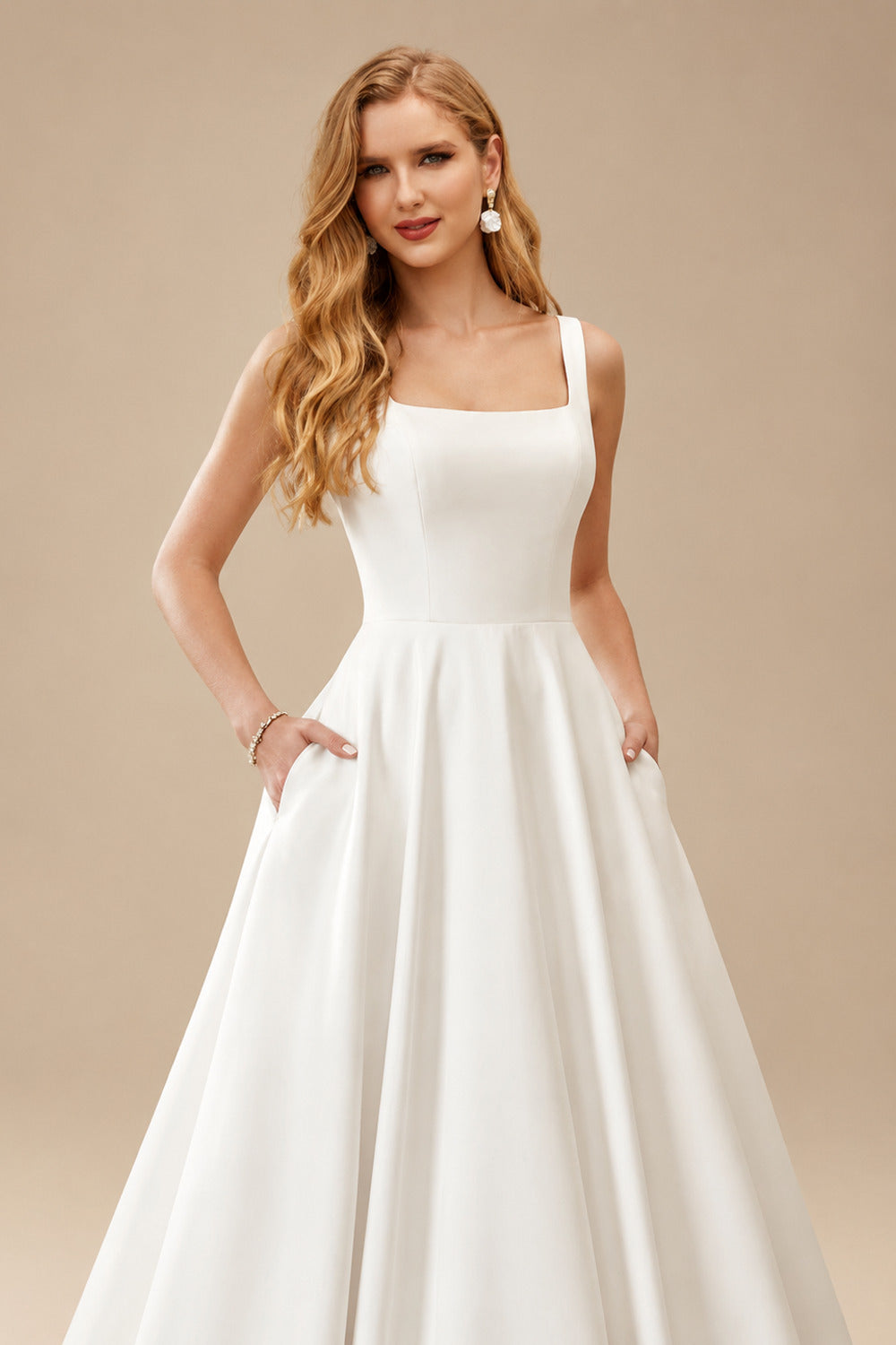Rutipo Ivory Simple Square Neckline Regular Straps Satin Court Train Wedding Dress