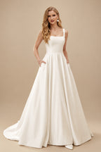 Rutipo Ivory Simple Square Neckline Regular Straps Satin Court Train Wedding Dress