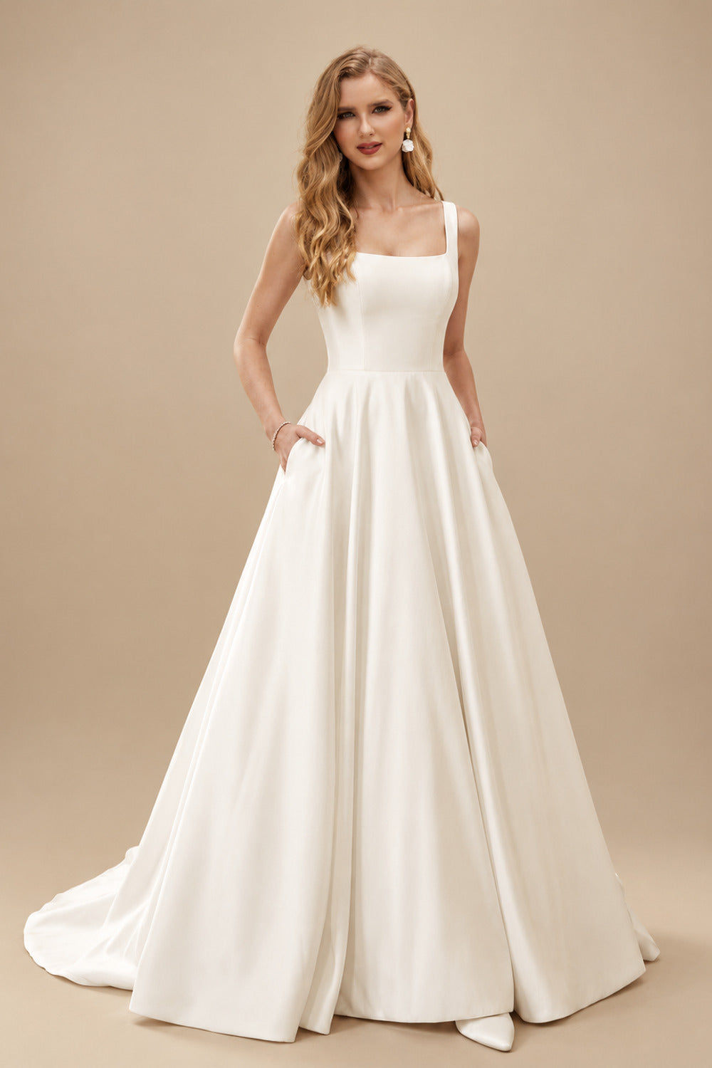 Rutipo Ivory Simple Square Neckline Regular Straps Satin Court Train Wedding Dress