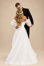Rutipo Ivory Ball-Gown Square Neckline Long Sleeves Organza Sweep Train Wedding Dress With Ruffle