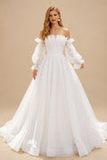 Rutipo White Ball-Gown Square Neckline Long Sleeves Organza Sweep Train Wedding Dress With Ruffle
