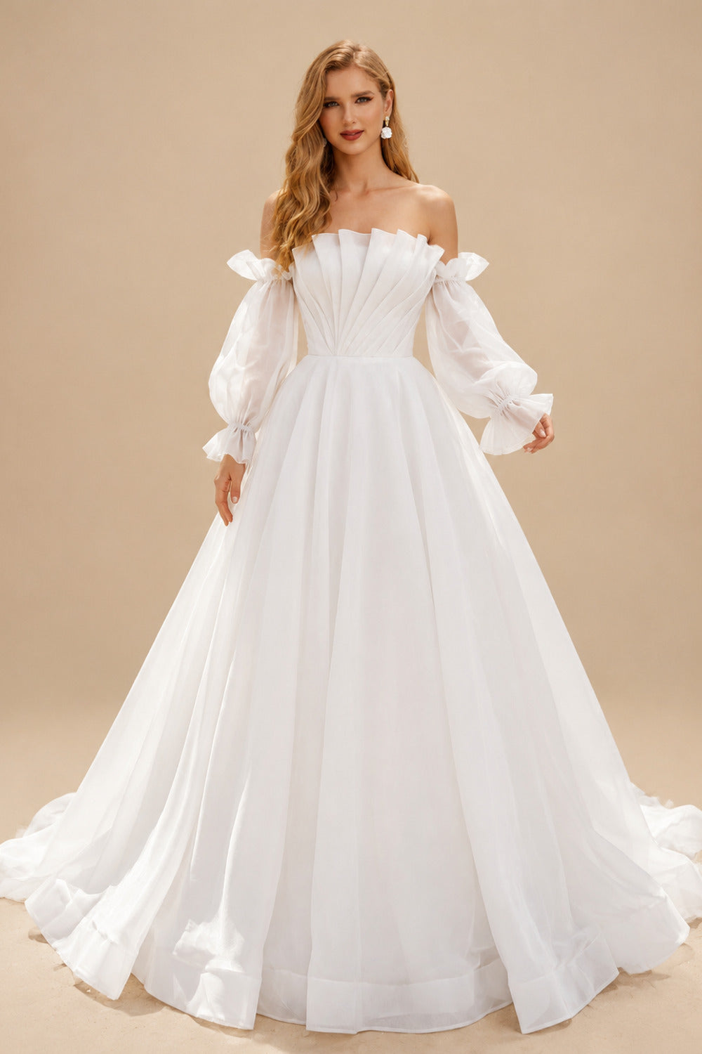 Rutipo White Ball-Gown Square Neckline Long Sleeves Organza Sweep Train Wedding Dress With Ruffle