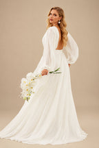 Rutipo Ivory A-Line Scoop Neck Long Sleeves Chiffon Floor-Length Wedding Dress
