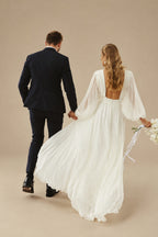 Rutipo Ivory A-Line Scoop Neck Long Sleeves Chiffon Floor-Length Wedding Dress