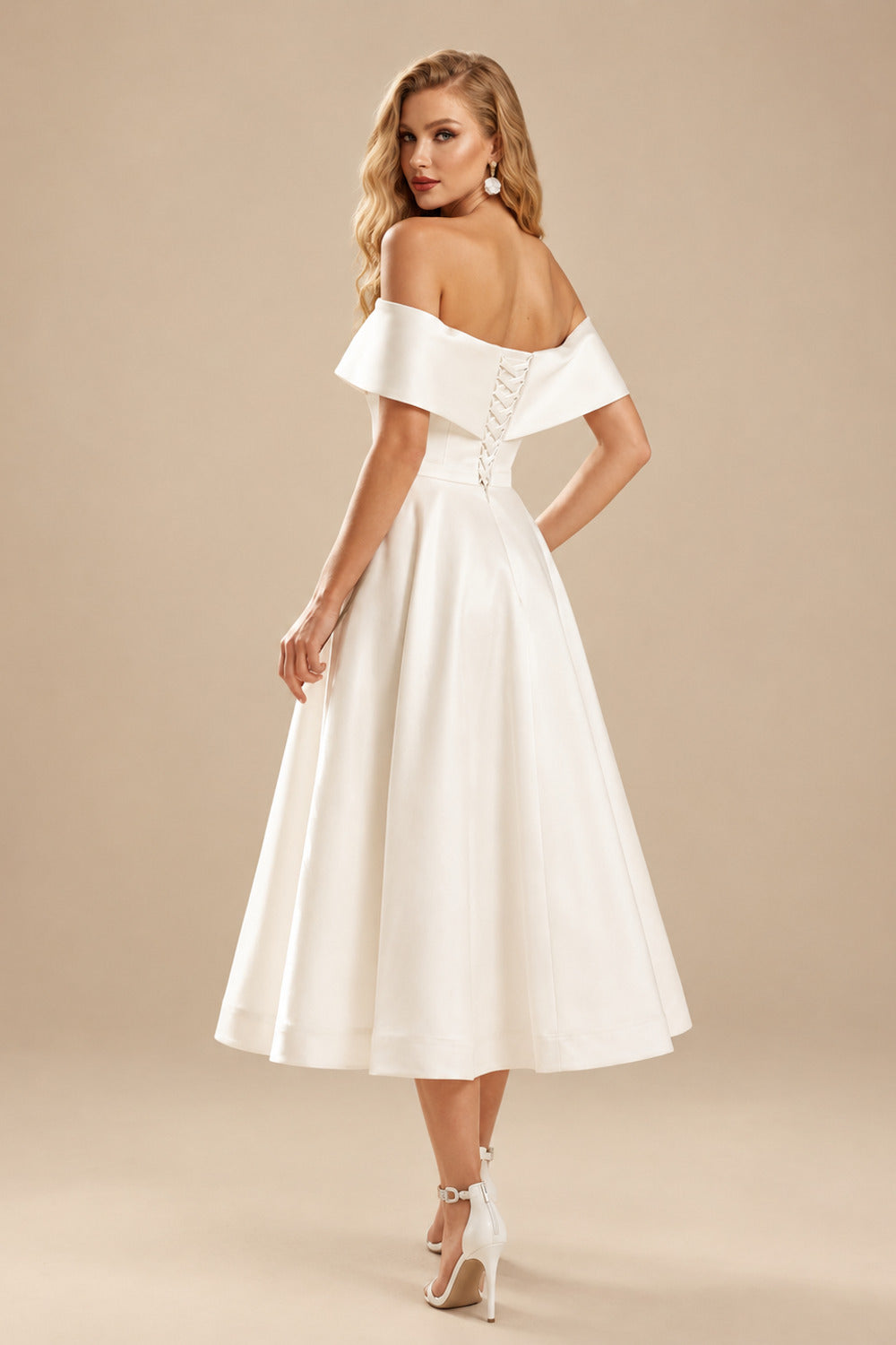 Rutipo Ivory A-Line Off-The-Shoulder Sleeveless Satin Tea-Length Wedding Dress