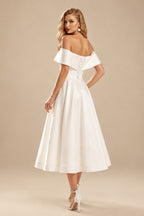 Rutipo Ivory A-Line Off-The-Shoulder Sleeveless Satin Tea-Length Wedding Dress