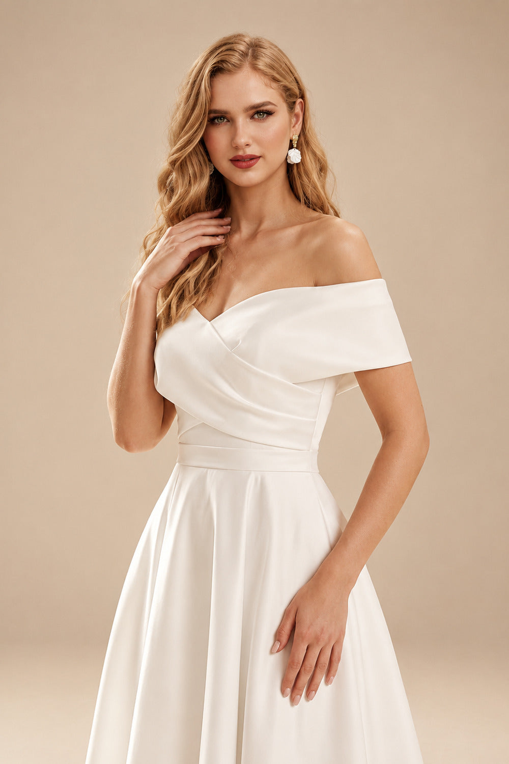 Rutipo Ivory A-Line Off-The-Shoulder Sleeveless Satin Tea-Length Wedding Dress