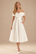 Rutipo Ivory A-Line Off-The-Shoulder Sleeveless Satin Tea-Length Wedding Dress