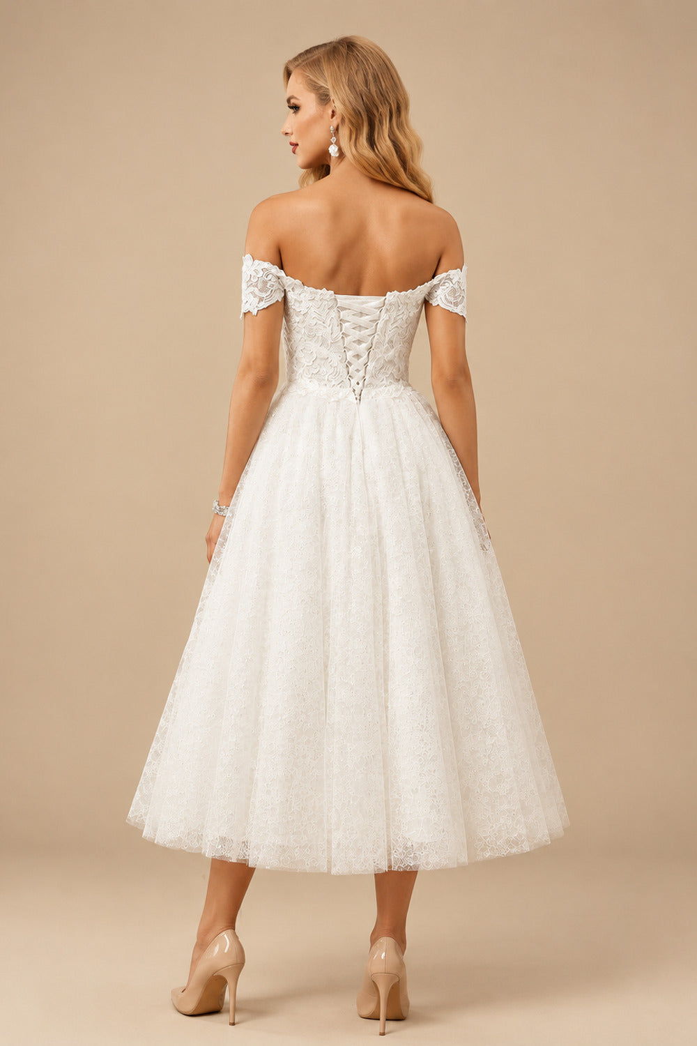 Rutipo Ivory A-Line Off-The-Shoulder Sleeveless Lace Sequined Tea-Length Wedding Dress