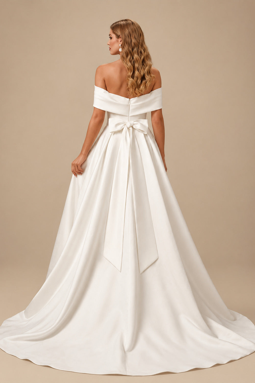 Rutipo Ivory Ball-Gown Off-The-Shoulder Sleeveless Satin Court Train Wedding Dress