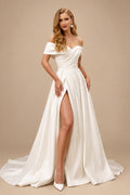 Rutipo Ivory Ball-Gown Off-The-Shoulder Sleeveless Satin Court Train Wedding Dress