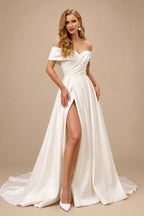 Rutipo Ivory Ball-Gown Off-The-Shoulder Sleeveless Satin Court Train Wedding Dress