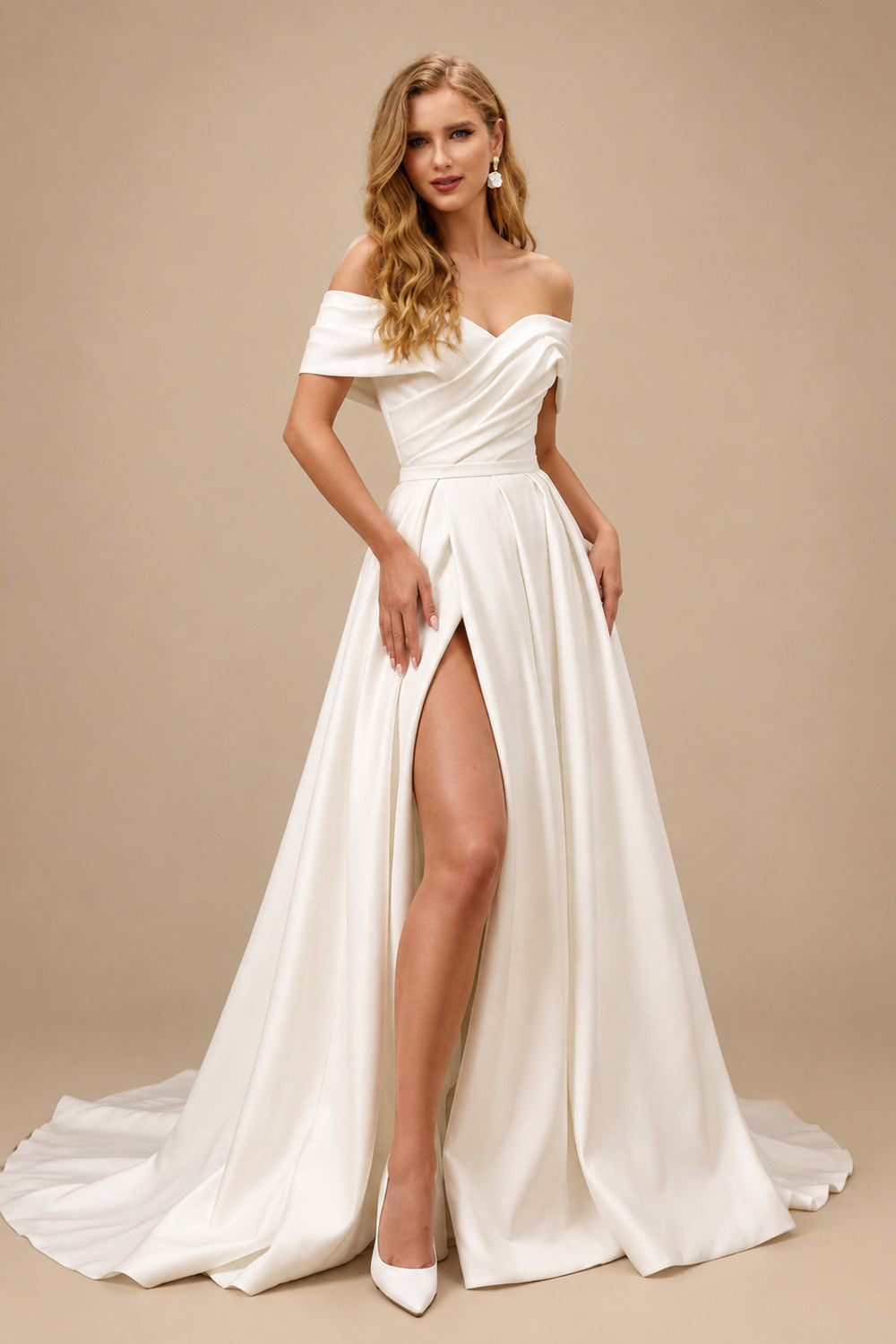 Rutipo Ivory Ball-Gown Off-The-Shoulder Sleeveless Satin Court Train Wedding Dress