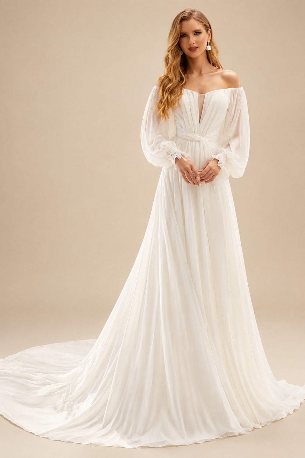 Rutipo Ivory A-Line Off-The-Shoulder Long Sleeves Chiffon Sweep Train Wedding Dress