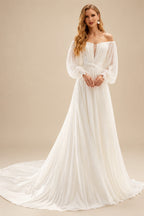 Rutipo Ivory A-Line Off-The-Shoulder Long Sleeves Chiffon Sweep Train Wedding Dress