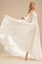 Rutipo Ivory A-Line Off-The-Shoulder Long Sleeves Chiffon Sweep Train Wedding Dress