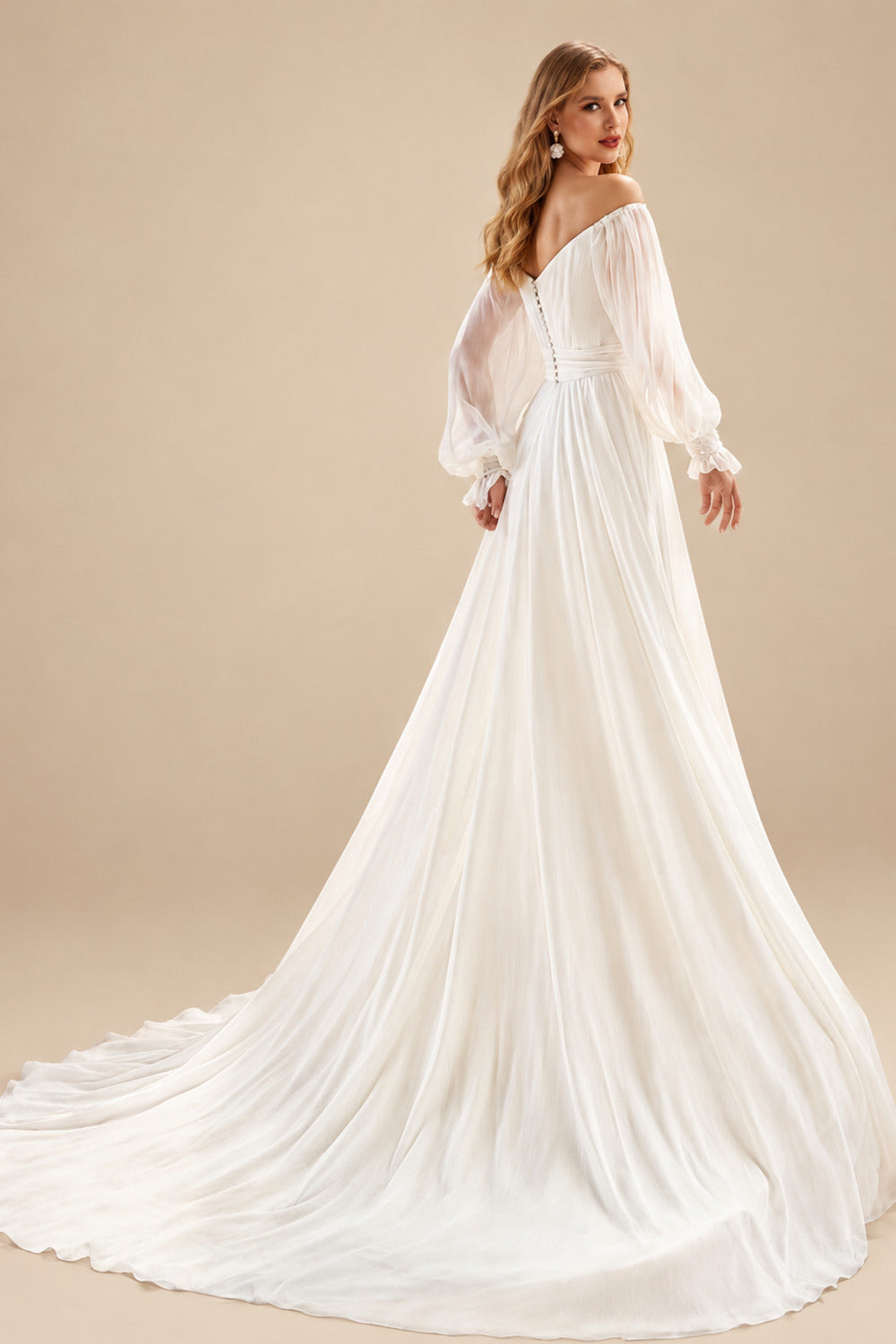 Rutipo Ivory A-Line Off-The-Shoulder Long Sleeves Chiffon Sweep Train Wedding Dress