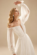 Rutipo Ivory A-Line Off-The-Shoulder Long Sleeves Chiffon Sweep Train Wedding Dress