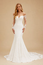 Rutipo Ivory Trumpet/Mermaid Sweetheart Cathedral Train Elastic Satin Wedding Dress With Appliques Lace