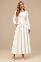 Rutipo Ivory Square Neckline Long Sleeves Ankle-Length White Wedding Dresses
