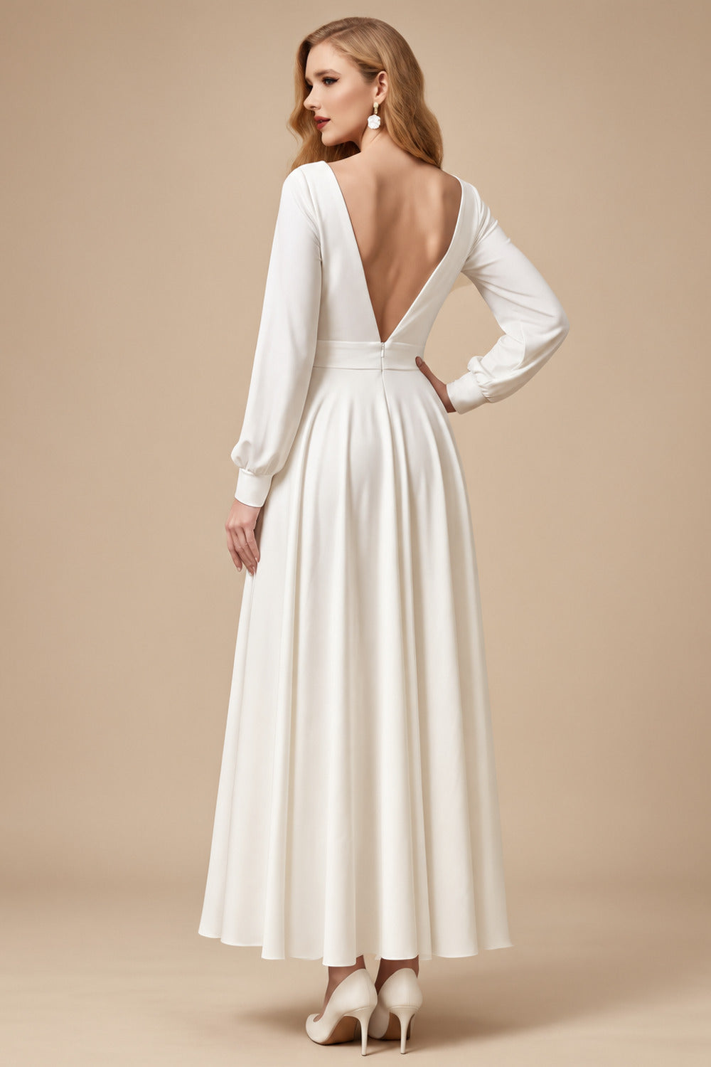 Rutipo Ivory Square Neckline Long Sleeves Ankle-Length White Wedding Dresses