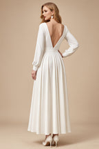 Rutipo Ivory Square Neckline Long Sleeves Ankle-Length White Wedding Dresses
