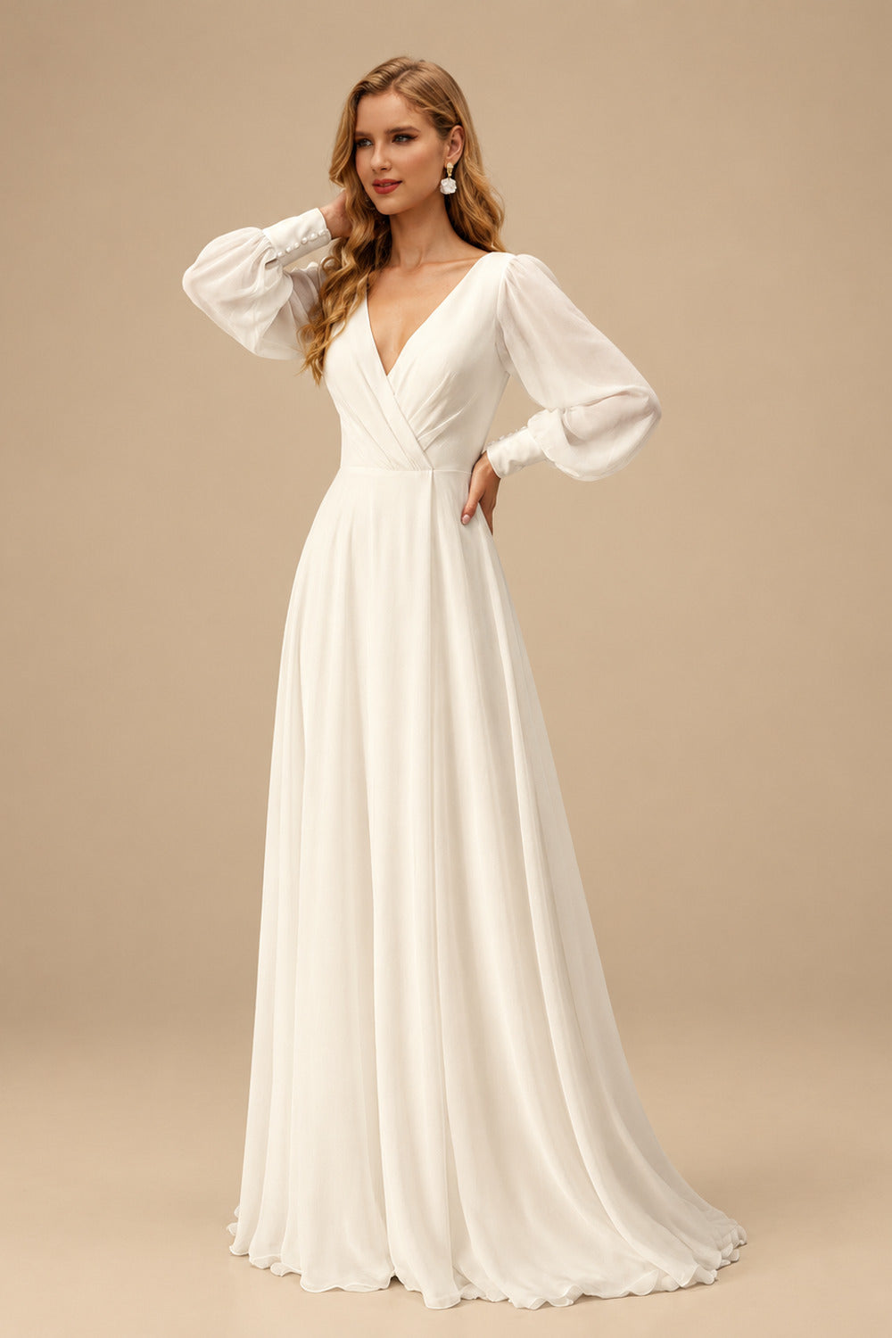 Rutipo Ivory Long Sleeves A-Line Beach Wedding Dresses With V-Neck Chiffon Floor-Length