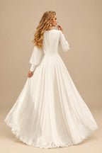 Rutipo Ivory Long Sleeves A-Line Beach Wedding Dresses With V-Neck Chiffon Floor-Length