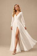 Rutipo Ivory Long Sleeves A-Line Beach Wedding Dresses With V-Neck Chiffon Floor-Length