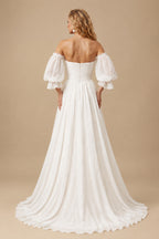 Rutipo Ivory Off-The-Shoulder Long Sleeves Boho Wedding Dresses With Chiffon Sweep Train