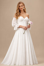 Rutipo Ivory Off-The-Shoulder Long Sleeves Boho Wedding Dresses With Chiffon Sweep Train