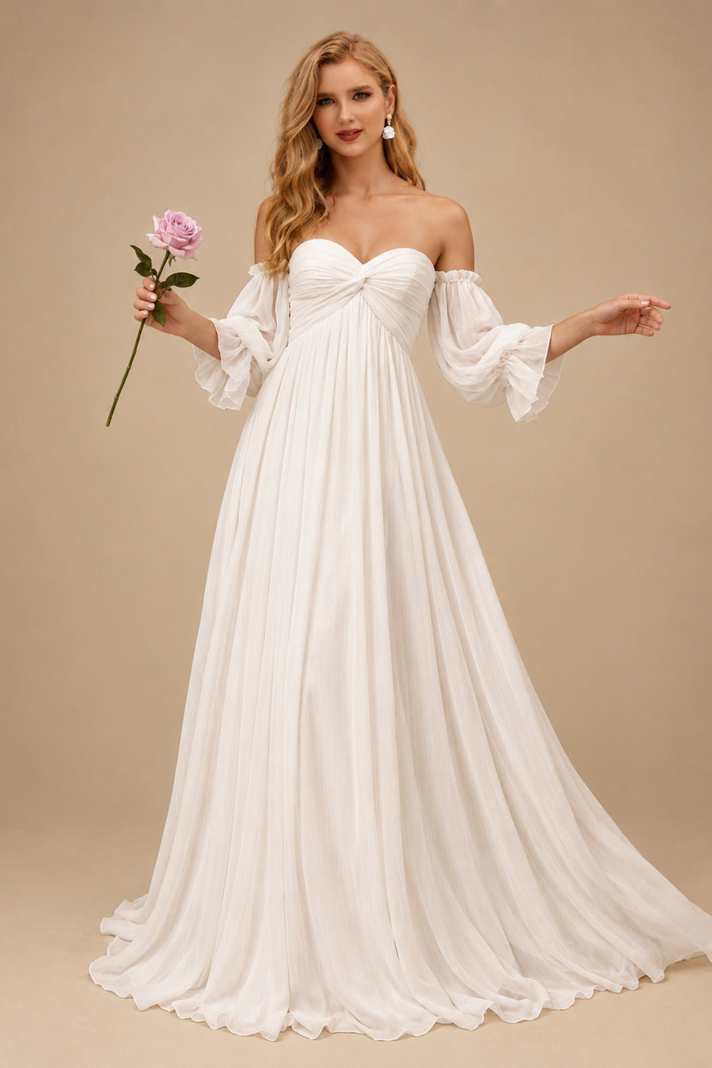 Rutipo Ivory Off-The-Shoulder Long Sleeves Boho Wedding Dresses With Chiffon Sweep Train