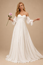 Rutipo Ivory Off-The-Shoulder Long Sleeves Boho Wedding Dresses With Chiffon Sweep Train