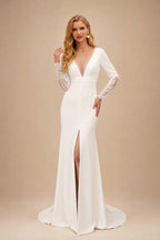 Rutipo Ivory Elegant Lace Long Sleeves Wedding Dress With Split Front