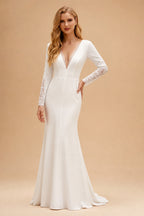 Rutipo Ivory Elegant Lace Long Sleeves Wedding Dress With Split Front