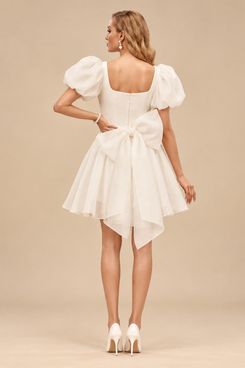 Rutipo Ivory A-Line Square Neckline 1/2 Sleeves Short/Mini Organza Wedding Dresses With Bow