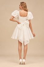 Rutipo Ivory A-Line Square Neckline 1/2 Sleeves Short/Mini Organza Wedding Dresses With Bow