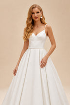 Rutipo Ivory Simple Pearl Beading Tea Length Wedding Dress