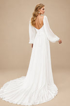 Rutipo Ivory Long Sleeves Simple Wedding Dresses With Square Neckline