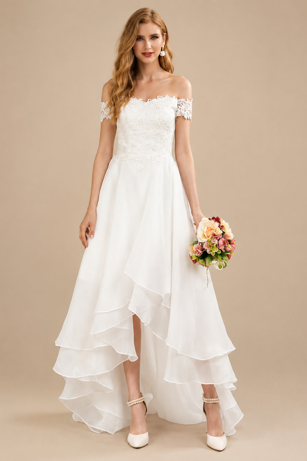 Rutipo Ivory Simple High Low Wedding Dresses A Line Off The Shoulder Sleeveless Lace Bridal Dresses With Train