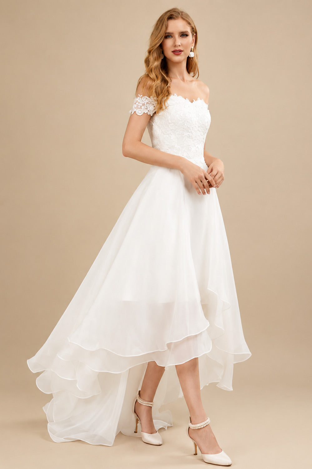 Rutipo Ivory Simple High Low Wedding Dresses A Line Off The Shoulder Sleeveless Lace Bridal Dresses With Train