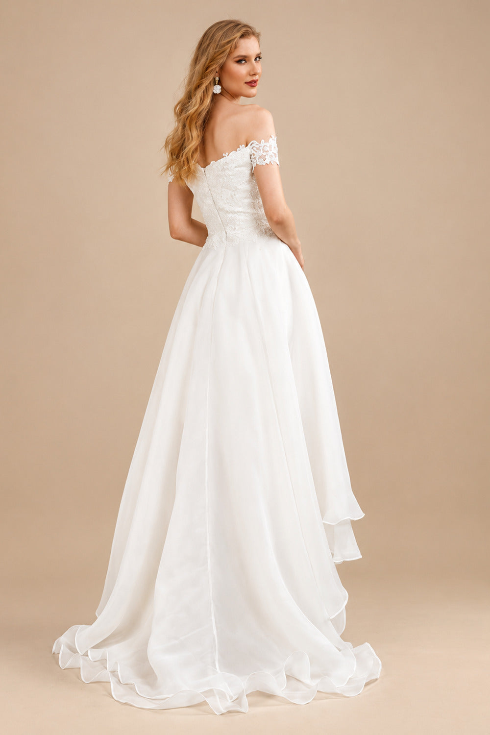Rutipo Ivory Simple High Low Wedding Dresses A Line Off The Shoulder Sleeveless Lace Bridal Dresses With Train