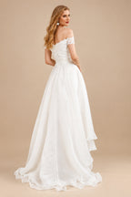 Rutipo Ivory Simple High Low Wedding Dresses A Line Off The Shoulder Sleeveless Lace Bridal Dresses With Train
